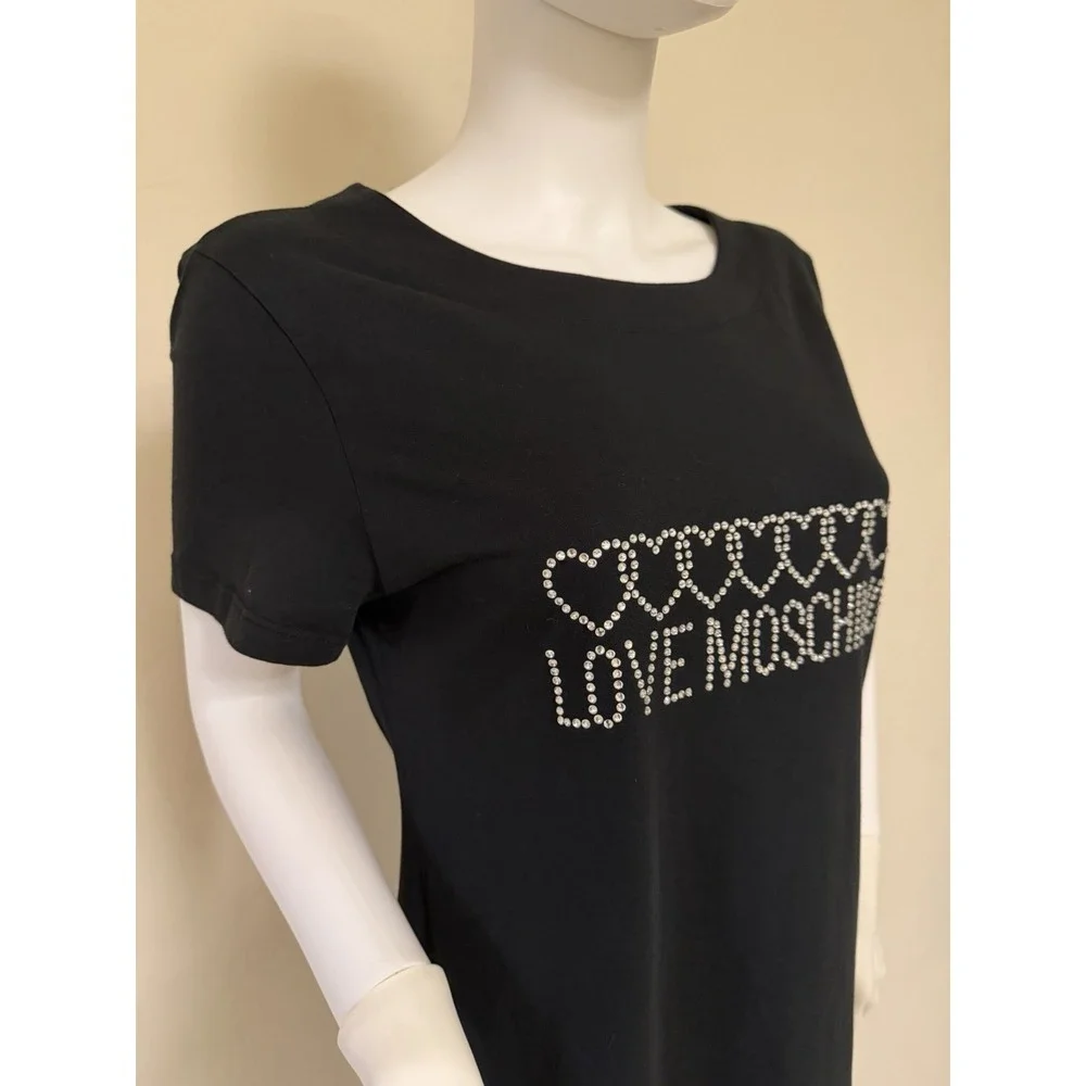 Rare Love Moschino Black 100% Cotton T Shirt Dress With Rhinestone Design US 12